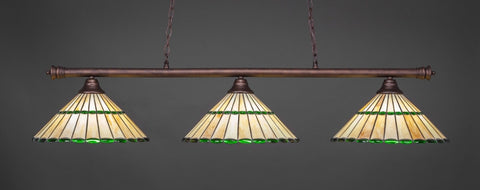 Oxford 3 Light Bar In Bronze Finish With 15.5" Honey Glass & Green Jewels Tiffany Glass (373-BRZ-977) - lights