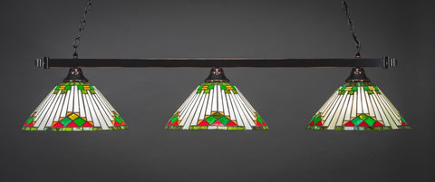 Square 3 Light Bar In Black Copper Finish With 15" Green Sunray Tiffany Glass - lights