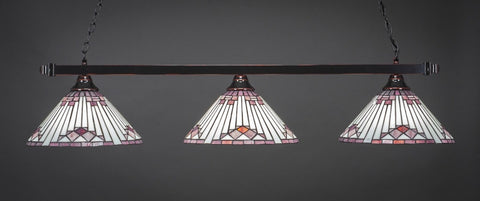 Square 3 Light Bar In Black Copper Finish With 15" Purple Sunray Tiffany Glass - lights