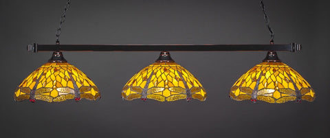Square 3 Light Bar In Black Copper Finish With 16" Amber Dragonfly Tiffany Glass - lights