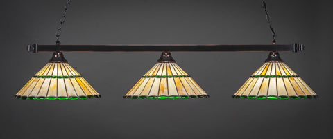 Square 3 Light Bar In Black Copper Finish With 15.5" Honey Glass & Green Jewels Tiffany Glass (803-BC-977) - lights