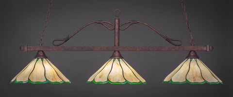 Scroll 3 Light Bar In Bronze Finish With 16" Honey & Hunter Green Flair Tiffany Glass (823-BRZ-913) - lights