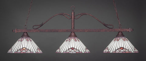 Scroll 3 Light Bar In Bronze Finish With 15" Purple Sunray Tiffany Glass - lights