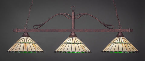 Scroll 3 Light Bar In Bronze Finish With 15.5" Honey Glass & Green Jewels Tiffany Glass (823-BRZ-977) - lights