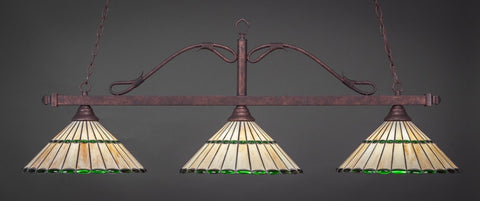  Scroll 3 Light Bar In Bronze Finish With 15.5" Honey Glass & Green Jewels Tiffany Glass (823-BRZ-977) - lights