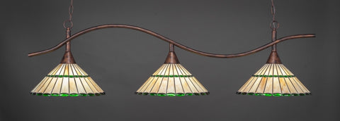  Swoop 3 Light Bar In Bronze Finish With 15.5" Honey Glass & Green Tiffany Glass - lights