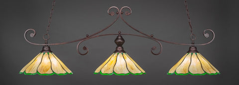 Curl 3 Light Bar In Bronze Finish With 16" Honey & Hunter Green Flair Tiffany Glass (353-BRZ-913) - lights