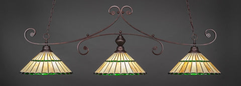  Curl 3 Light Bar In Bronze Finish With 15.5" Honey Glass & Green Jewels Tiffany Glass (353-BRZ-977) - lights