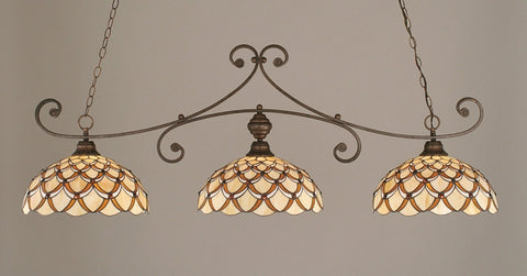  Curl 3 Light Bar In Bronze Finish With 16" Honey & Brown Scallop Tiffany Glass - lights