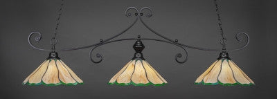  Copy of Curl 3 Light Bar In Matte Black Finish With 16" Honey & Hunter Green Flair Tiffany Glass (353-MB-913) - lights