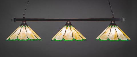 Square 3 Light Bar In Black Copper Finish With 16" Honey & Hunter Green Flair Tiffany Glass - lights