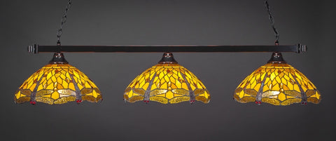  Square 3 Light Bar In Black Copper Finish With 16" Amber Dragonfly Tiffany Glass - lights