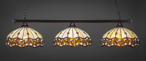  Square 3 Light Bar In Black Copper Finish With 16" Roman Jewel Tiffany Glass - lights