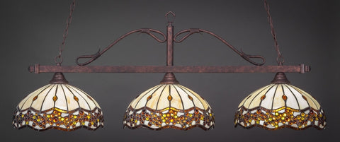  Scroll 3 Light Bar In Bronze Finish With 16" Roman Jewel Tiffany Glass (823-BRZ-997) - lights